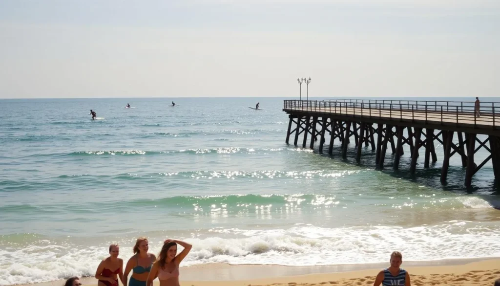 A sun-drenched oceanside beach, the gentle waves lapping against the golden sand. In the foreground, a group of beachgoers enjoying the warmth, their laughter and playful energy capturing the carefree spirit of the day. The middle ground features a scenic pier stretching out into the crystalline waters, its wooden planks and railings reflecting the warm, diffused lighting. In the background, the horizon is dotted with surfers riding the swells, their silhouettes adding a sense of tranquility and connection to the natural world. The overall mood is one of relaxation, wonder, and the embrace of coastal charm.