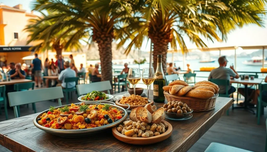 A sun-drenched outdoor cafe in Mallorca, Spain, serving up a vibrant display of the island's culinary delights. In the foreground, a rustic wooden table laden with a mouth-watering spread - fresh seafood paella, crisp ensaladilla rusa, plump olives, and crusty artisanal bread. The middle ground features the lively atmosphere of the cafe, with patrons enjoying conversation and local wine under the dappled shade of lush palm trees. In the background, glimpses of Mallorca's iconic architecture and azure Mediterranean waters set the scene. Warm, golden sunlight filters through, creating a welcoming, convivial ambiance that captures the essence of Mallorca's renowned gastronomic traditions.