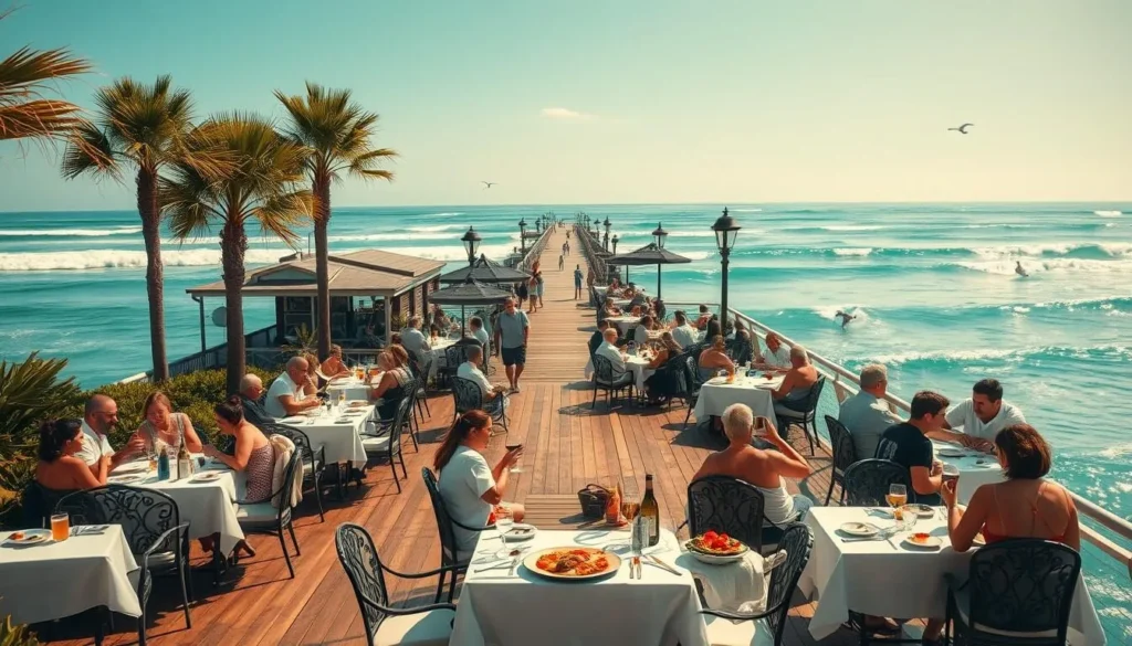 A sun-drenched outdoor dining scene along the Oceanside coastline. A wooden pier extends into the turquoise waters, surrounded by palm trees and coastal foliage. On the pier, an elegant open-air restaurant with white tablecloths and wrought-iron furniture. Patrons dine on fresh seafood dishes, sipping local craft beers and wines as they take in the breathtaking ocean views. Soft, natural lighting filters through the scene, creating a warm, inviting ambiance. In the background, surfers catch waves in the distance, adding to the laidback, seaside atmosphere. An idyllic representation of Oceanside's vibrant culinary scene against the stunning natural backdrop of the Pacific Ocean.