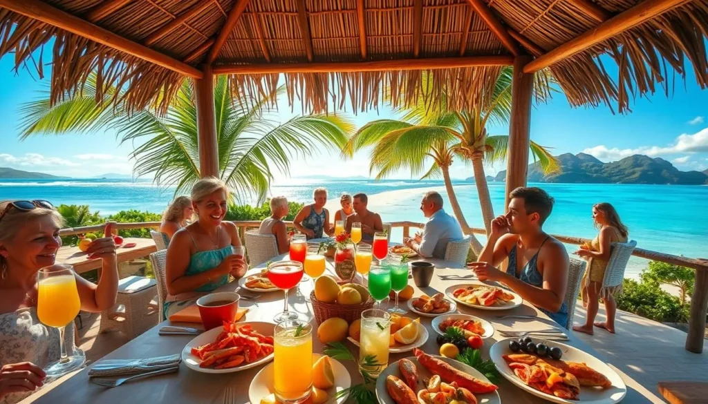A sun-drenched outdoor dining scene on a picturesque Southern island. In the foreground, a table laden with a sumptuous spread of local seafood, tropical fruits, and colorful cocktails. Overhead, a thatched-roof cabana casts dappled shadows, and a gentle breeze ruffles the lush palm fronds. In the middle ground, guests in casual island attire enjoy their meal, engaged in lively conversation. The background reveals a tranquil turquoise bay, fringed by pristine white sand beaches and verdant hills. Warm, golden lighting bathes the entire scene, creating a serene, inviting atmosphere that captures the essence of a authentic culinary experience in the Southern Islands.