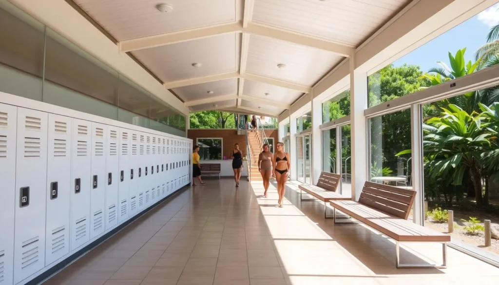 A sun-drenched outdoor scene of Dunn's River Falls' locker facilities in Jamaica. A modern, well-maintained structure with clean, spacious lockers and changing areas. Sleek, tiled floors and walls, ample seating, and large windows that let in natural light, creating a bright and airy atmosphere. The facilities are surrounded by lush, verdant foliage, hinting at the natural beauty just beyond. A few visitors can be seen moving about, preparing for or returning from their adventures at the famous waterfall. The overall impression is one of convenience, comfort, and seamless integration with the stunning Jamaican landscape.