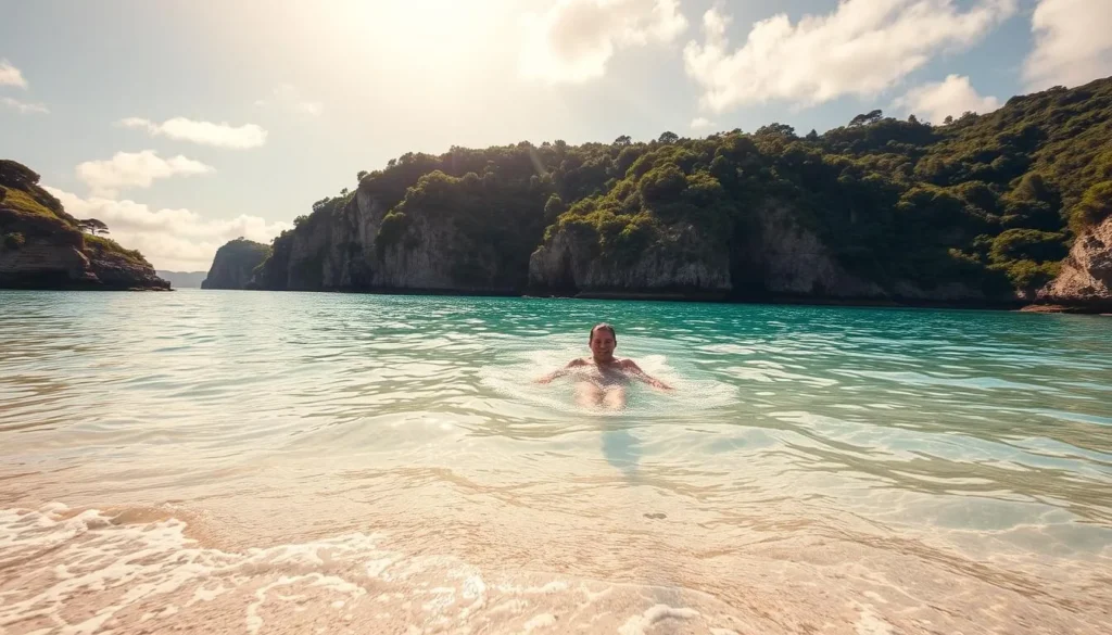 A sun-drenched sandy beach, crystalline waves gently lapping the shore. In the foreground, a person gracefully glides through the tranquil waters, their strokes creating mesmerizing ripples. Surrounding them, a serene cove enclosed by lush, verdant cliffs. Warm, golden light filters through wispy clouds, casting a soft, dreamy glow over the entire scene. The atmosphere is one of blissful relaxation, inviting the viewer to imagine the soothing sensation of the cool water and the gentle caress of the sea breeze. Capture the essence of a peaceful, rejuvenating swimming experience in this idyllic coastal setting.