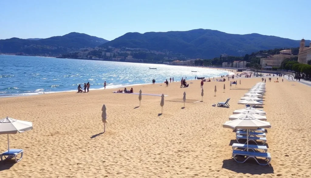A sun-drenched sandy beach in Antibes, France, with the sparkling Mediterranean Sea as the backdrop. In the foreground, sun umbrellas and beach chairs dot the shore, inviting visitors to relax and soak up the warm, coastal atmosphere. The middle ground features beachgoers strolling along the promenade, enjoying the gentle sea breeze. In the distance, the iconic seaside architecture and lush greenery of the Côte d'Azur landscape rise up, creating a picturesque and serene scene. The lighting is soft and natural, with the sun casting a warm, golden glow over the entire landscape. Capture the essence of Antibes as a premier beach destination, perfect for those seeking a day of leisure and tranquility.