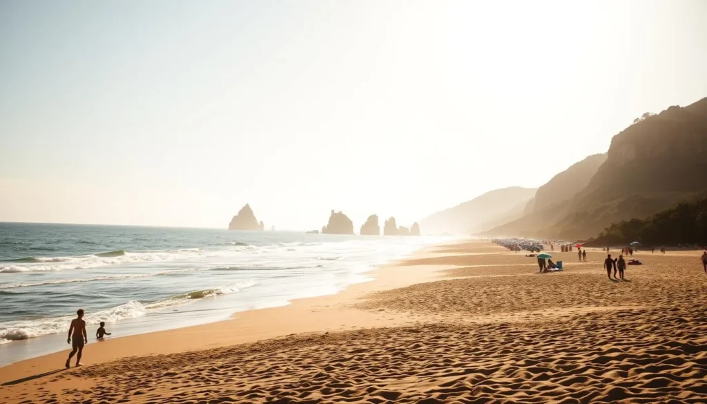 A sun-drenched sandy beach with gently lapping waves and rocky headlands in the distance. In the foreground, beachgoers stroll along the shoreline, their silhouettes casting long shadows. The middle ground features a line of colorful beach umbrellas and towels dotting the sand. In the background, rugged cliffs and lush greenery frame the scene, creating a picturesque coastal landscape. Warm golden light filters through, casting a soft, inviting glow over the entire vista. Capture this idyllic seaside setting with a wide-angle lens to showcase the expansive, breathtaking vista.