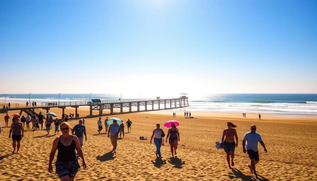 A sun-drenched scene at Huntington Beach, California. In the foreground, people stroll along the wide, golden sand, some carrying colorful beach towels and umbrellas. In the middle ground, the iconic Huntington Beach Pier stretches out into the shimmering Pacific Ocean, its wooden planks and metal railings bathed in warm, golden light. In the background, a cloudless sky stretches out, a brilliant azure canvas that complements the deep blue of the rolling waves. The atmosphere is one of relaxation and leisure, capturing the quintessential vibe of a perfect day trip to this iconic Southern California beach destination.
