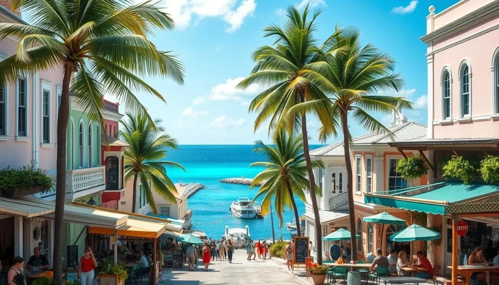 A sun-drenched scene of George Town, Bahamas, showcasing its pastel-colored colonial architecture, swaying palm trees, and tranquil harbor. In the foreground, a lively marketplace bustles with locals and visitors browsing vibrant stalls selling handcrafted wares and fresh produce. The middle ground reveals quaint cafes and restaurants, their patrons enjoying refreshing drinks and savory island cuisine. In the background, the azure waters of the Caribbean Sea glisten, inviting exploration by boat or beach. Capture the essence of this picturesque town with a warm, welcoming atmosphere and a sense of easygoing island living. A sun-drenched scene of George Town, Bahamas, showcasing its pastel-colored colonial architecture, swaying palm trees, and tranquil harbor. In the foreground, a lively marketplace bustles with locals and visitors browsing vibrant stalls selling handcrafted wares and fresh produce. The middle ground reveals quaint cafes and restaurants, their patrons enjoying refreshing drinks and savory island cuisine. In the background, the azure waters of the Caribbean Sea glisten, inviting exploration by boat or beach. Capture the essence of this picturesque town with a warm, welcoming atmosphere and a sense of easygoing island living.
