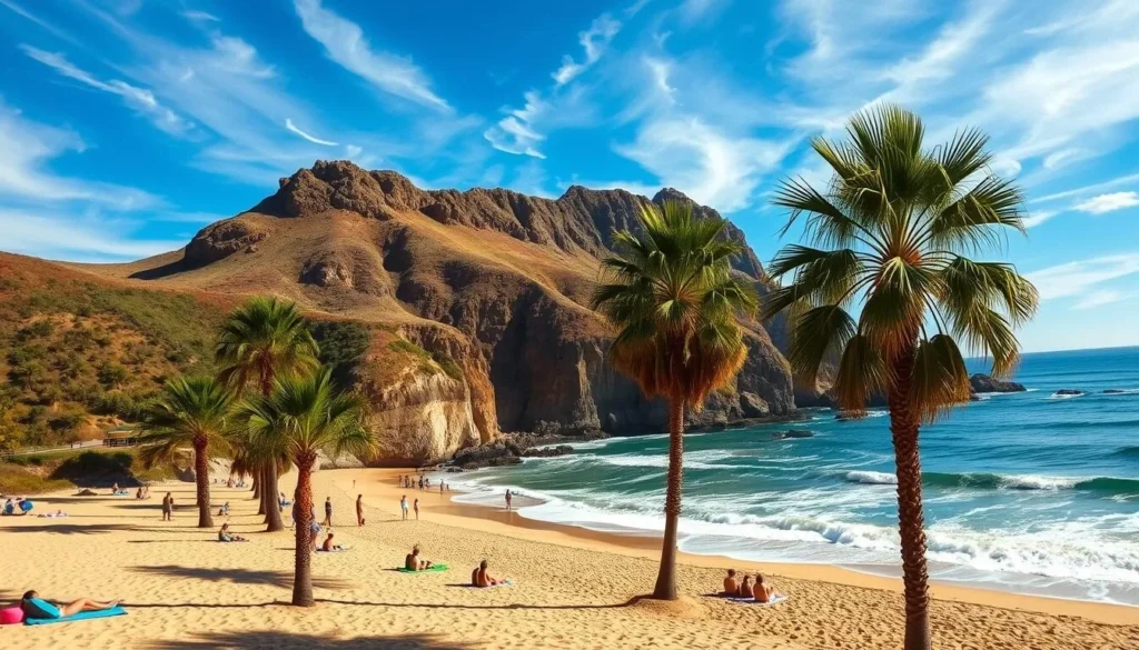 A sun-drenched scene of Malibu's picturesque coastline. In the foreground, a pristine sandy beach is dotted with sun-seekers relaxing on colorful beach towels. The middle ground features gently swaying palm trees casting soft shadows on the scene. In the background, dramatic cliffs and rocky outcroppings rise up, capped by a brilliant blue sky with wispy clouds. The warm, golden light bathes the entire landscape, creating a serene and tranquil atmosphere. The waves of the Pacific Ocean crash softly against the shore, completing the picture of a quintessential Malibu coastal paradise. A sun-drenched scene of Malibu's picturesque coastline. In the foreground, a pristine sandy beach is dotted with sun-seekers relaxing on colorful beach towels. The middle ground features gently swaying palm trees casting soft shadows on the scene. In the background, dramatic cliffs and rocky outcroppings rise up, capped by a brilliant blue sky with wispy clouds. The warm, golden light bathes the entire landscape, creating a serene and tranquil atmosphere. The waves of the Pacific Ocean crash softly against the shore, completing the picture of a quintessential Malibu coastal paradise.