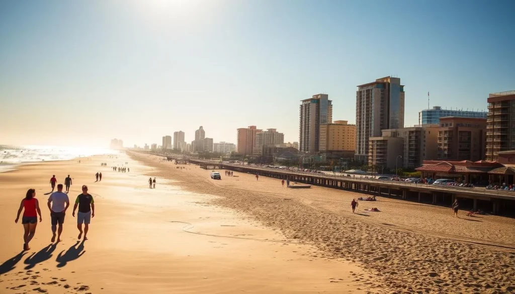 A sun-drenched scene of Myrtle Beach's iconic Grand Strand, capturing the essence of this vibrant coastal destination. In the foreground, sun-seekers stroll along the pristine, golden sandy beach, their silhouettes framed against the glistening Atlantic Ocean. In the middle ground, the iconic Myrtle Beach Boardwalk winds its way, lined with charming beachfront restaurants, lively music venues, and bustling shops. In the background, the city's high-rise hotels and condos rise majestically, their glass facades reflecting the warm, golden light of the day. The scene exudes a sense of relaxation and coastal charm, inviting viewers to discover the allure of Myrtle Beach.