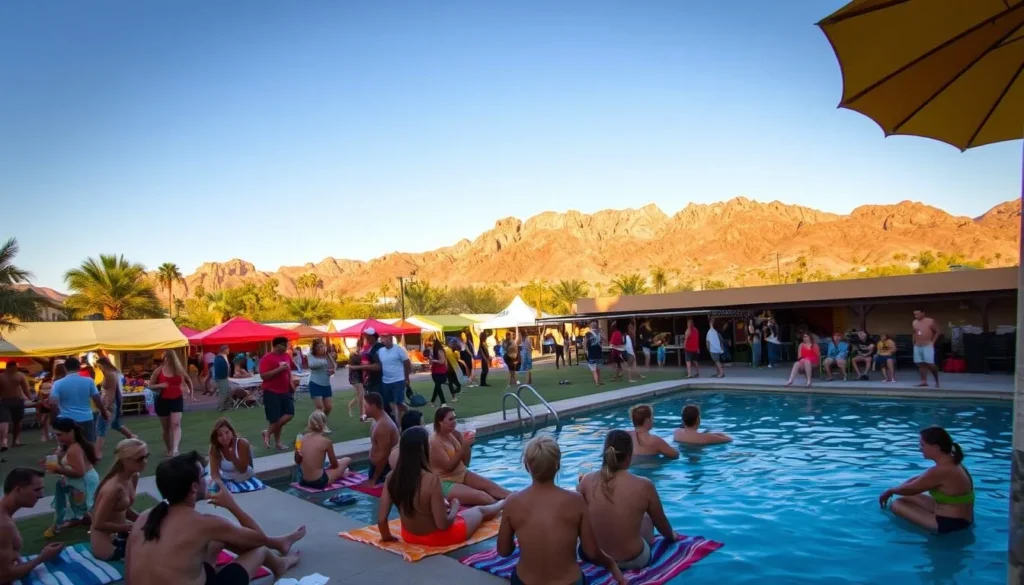 A sun-drenched scene of vibrant Tucson summer activities. In the foreground, a group of people gather around a glistening pool, sipping cool drinks and lounging on colorful towels. In the middle ground, families stroll along a lively outdoor market, browsing local art and grabbing refreshing shaved ice. In the background, the majestic Santa Catalina mountains rise, their rugged peaks bathed in warm, golden light. The atmosphere is relaxed and joyful, with a sense of community and celebration. Capture this lively, weather-savvy summer day in Tucson through a wide-angle lens that showcases the vibrant colors, diverse activities, and breathtaking natural setting.
