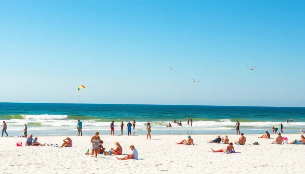 A sun-drenched scene on the pristine shores of Padre Island National Seashore, Texas. In the foreground, families and friends engage in lively beach activities - building sandcastles, flying colorful kites, and frolicking in the gently lapping waves. The middle ground showcases beachgoers relaxing on towels and chairs, soaking up the warmth of the coastal sun. In the distance, the horizon is dotted with seabirds gliding effortlessly against a cloudless, azure sky. The overall atmosphere radiates a sense of carefree joy and tranquility, inviting visitors to immerse themselves in the natural beauty of this stunning Texan coastline.