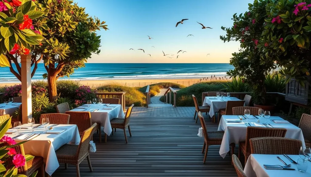 A sun-drenched seaside dining experience with a panoramic view of the pristine Fire Island coastline. In the foreground, a well-appointed outdoor dining area with white-linen-draped tables and rattan chairs. Lush, tropical foliage and vibrant flowers frame the scene, creating a lush, resort-like ambiance. In the middle ground, a sprawling wooden deck leads down to the soft, golden sand and azure waters of the Atlantic Ocean. Gentle waves caress the shore as seabirds soar overhead. The lighting is warm and golden, casting a romantic glow over the entire tableau. The overall mood is one of relaxation, indulgence, and the pure joy of dining al fresco in this stunning natural setting.