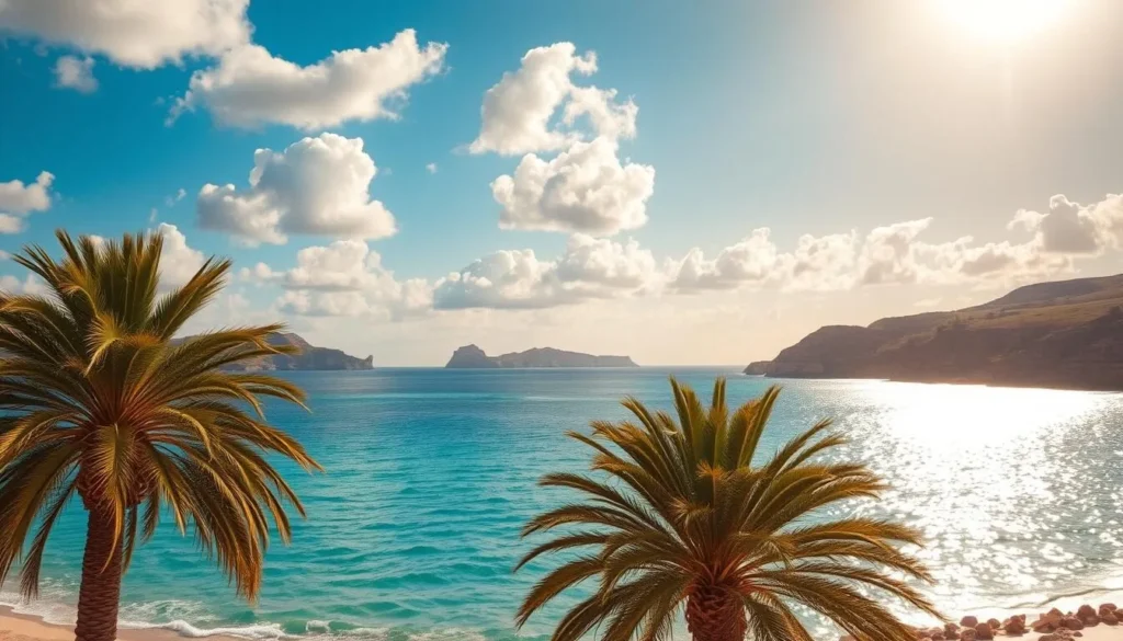 A sun-drenched seaside paradise, Ibiza's pristine beaches are bathed in warm, golden light. Fluffy white clouds drift across a vibrant azure sky, casting dancing shadows upon the crystalline waters. Palm trees sway gently in the soft, salty breeze, their fronds rustling in harmony with the gentle lapping of waves. In the distance, rugged cliffs and verdant hills rise up, creating a picturesque backdrop for this idyllic Mediterranean scene. The air is filled with the scent of citrus and sea salt, and a sense of tranquility and relaxation pervades the atmosphere. This is Ibiza - a stunning island getaway, perfect for soaking up the sun and embracing the carefree spirit of the season.