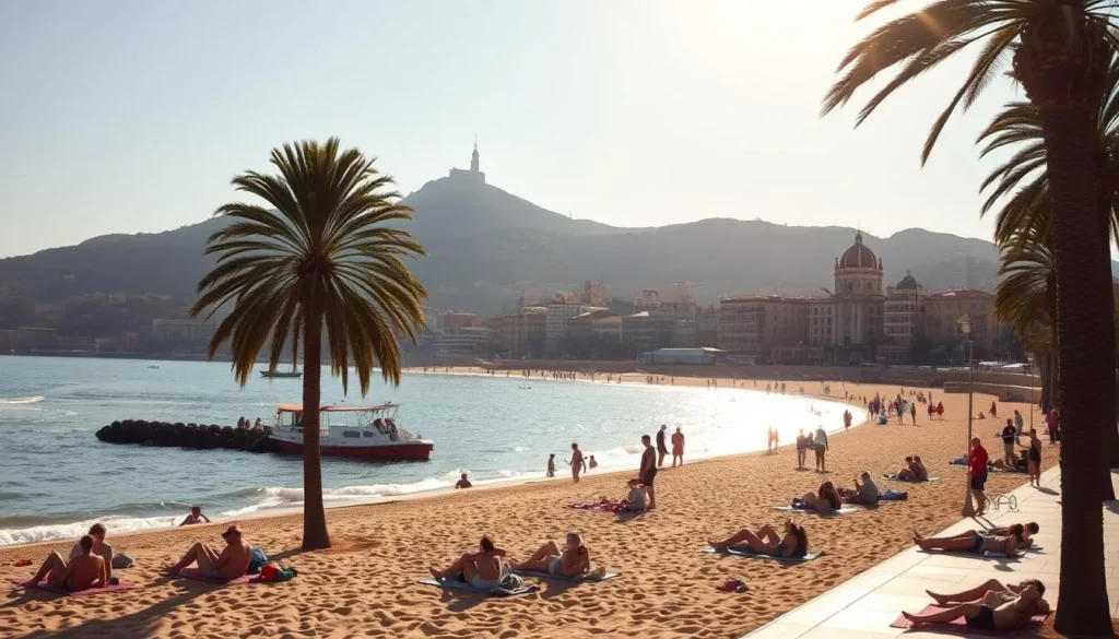 A sun-drenched seaside promenade hugs the golden sands of Barcelona's picturesque beaches. In the foreground, beachgoers lounge on towels, soaking up the warmth. In the middle ground, palm trees sway gently, casting dappled shadows on the tranquil waters. The background showcases the iconic architecture of the city, with the majestic Montjuïc hill as a dramatic backdrop. The scene is bathed in a warm, golden light, creating a serene and inviting atmosphere. Capture the essence of Barcelona's beautiful beaches, where the Mediterranean meets the vibrant city.