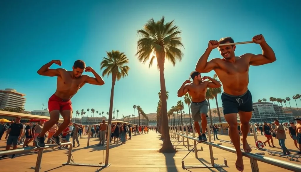 A sun-drenched seaside promenade, the original Muscle Beach in Santa Monica, California. In the foreground, muscular bodies engage in impressive feats of strength and agility on parallel bars and gymnastic equipment. Middle-ground features a crowd of onlookers, capturing the energy and camaraderie of this iconic fitness destination. The background showcases the iconic palm trees and beachfront architecture, framing the scene with a vintage California vibe. Warm, golden lighting bathes the entire composition, creating a sense of nostalgia and timeless appeal. Shot with a wide-angle lens to capture the full scale and dynamism of this historic fitness landmark.