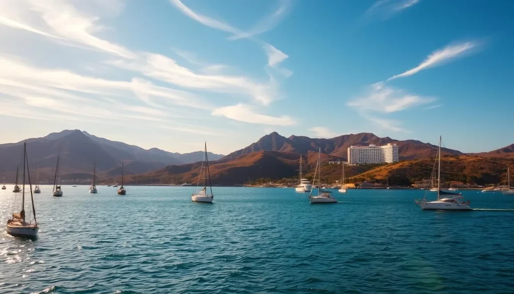 A sun-drenched seaside vista of Catalina Island, seen from the harbor of Dana Point. In the foreground, sailboats and yachts bob gently on the calm, azure waters. The iconic silhouette of the island's rugged hills and lush foliage rises in the middle ground, bathed in warm, golden light. Wispy clouds drift across a brilliant blue sky, casting soft shadows on the landscape. In the distance, the iconic Catalina Casino building stands proud, its white facade gleaming. The scene exudes a sense of tranquility and the promise of adventure, inviting the viewer to imagine a relaxing day trip to this picturesque Southern California destination.
