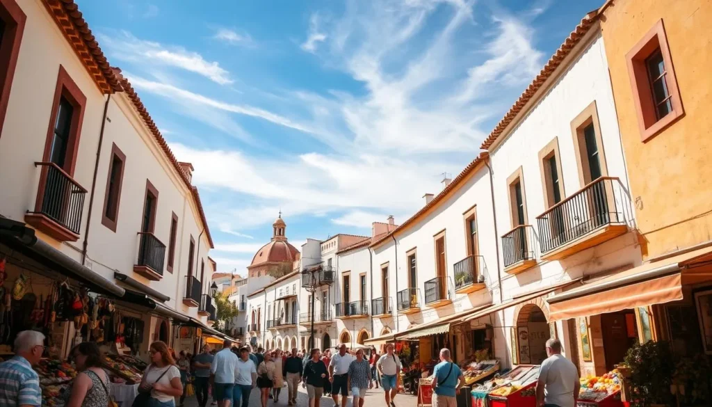 A sun-drenched street in historic Córdoba, Spain. In the foreground, a group of locals and tourists explore a lively outdoor market, browsing colorful stalls selling artisanal goods, fresh produce, and street food. In the middle ground, picturesque whitewashed buildings with charming balconies line the narrow cobblestone lanes. Overhead, a clear blue sky with wispy clouds casts a warm, golden glow over the scene. The atmosphere is vibrant and inviting, capturing the essence of exploring Córdoba on a budget - immersing oneself in the city's rich culture, architecture, and local experiences.