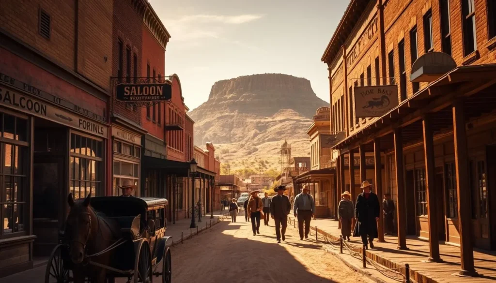 A sun-drenched street in the heart of Dodge City, Kansas, lined with weathered brick buildings and wooden storefronts characteristic of the Old West. In the foreground, a horse-drawn carriage carries passengers down the dirt road, while saloon doors swing open, revealing a glimpse of the lively activity within. In the middle ground, townsfolk in period attire stroll along the boardwalk, their silhouettes casting long shadows. In the background, the iconic Boot Hill rises, its rugged terrain a testament to the region's frontier heritage. Warm, golden light filters through the scene, creating a nostalgic, cinematic atmosphere that transports the viewer to the heart of the Wild West.