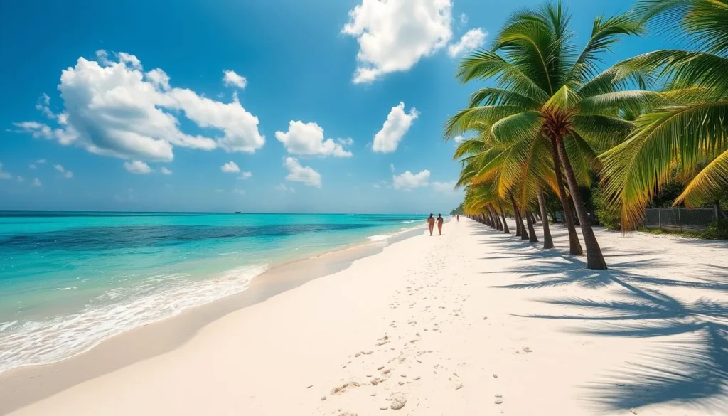 A sun-drenched stretch of pristine white sand beach on the idyllic island of Great Exuma, Bahamas. Turquoise waters shimmer in the warm tropical light, gently lapping against the shoreline. Lush, swaying palm trees line the beach, casting dappled shadows on the ground. In the distance, a few beachgoers stroll along the sand, enjoying the tranquil, serene atmosphere. The scene is captured with a wide-angle lens, showcasing the stunning natural beauty of this paradise-like location. The overall mood is one of peaceful relaxation and natural splendor.