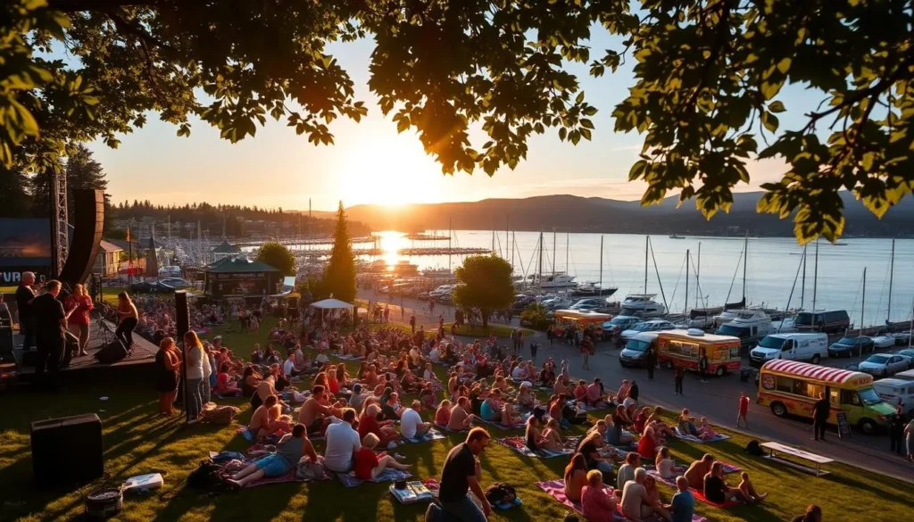 A sun-drenched summer evening in Gig Harbor, Washington. The picturesque waterfront is alive with the energy of a lively outdoor concert. A large crowd gathers on the grassy amphitheater, sway ing to the rhythmic melodies of a local band performing on a well-lit stage. Families and friends relax on blankets, enjoying the warm breeze and the stunning vista of the harbor and surrounding hills in the background. The scene is bathed in a golden glow, with the setting sun casting a soft, romantic light across the scene. Vibrant food trucks and vendors line the periphery, adding to the festive atmosphere. This idyllic summertime gathering captures the essence of Gig Harbor's vibrant community spirit and love for the great outdoors.