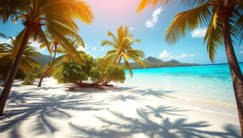 A sun-drenched tropical beach in American Samoa, with crystalline turquoise waters lapping against fine white sand. Swaying palm trees line the shore, casting gentle shadows on the scene. In the distance, lush green hills rise up, creating a picturesque backdrop. A light ocean breeze blows through, creating a tranquil and serene atmosphere. The lighting is warm and golden, accentuating the natural beauty of the location. Wide-angle lens captures the expansive, breathtaking vista, inviting the viewer to imagine themselves there, enjoying the perfect beach day.