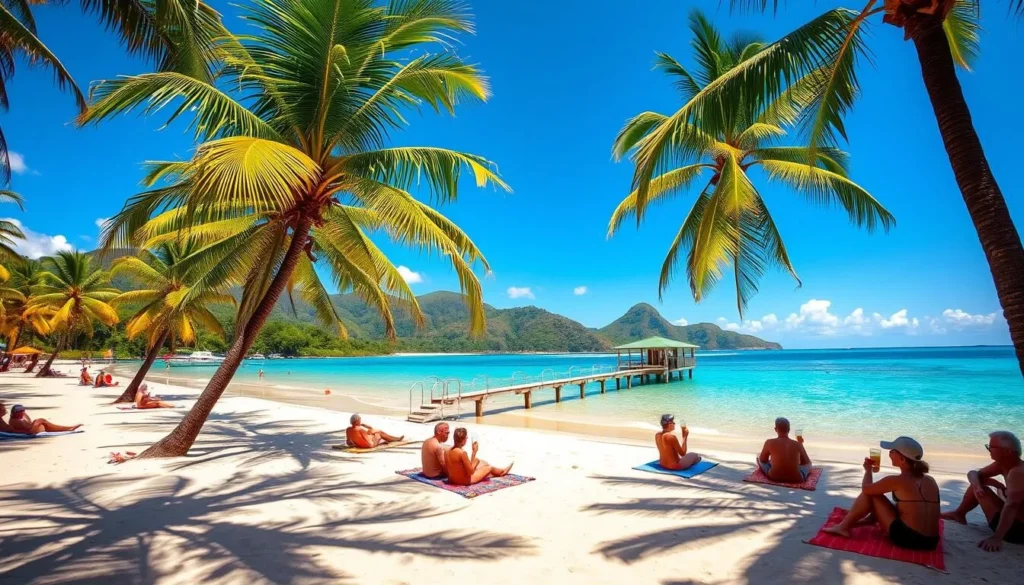 A sun-drenched tropical beach in Ocho Rios, Jamaica. Crystal-clear turquoise waters caress the soft, golden sand. Lush palm trees sway gently in the warm breeze, casting playful shadows on the shore. In the foreground, sun-kissed beachgoers relax on colorful towels, sipping refreshing drinks. The middle ground features a picturesque dock jutting out into the calm sea. In the distance, verdant hills rise up, creating a stunning natural backdrop. The scene is bathed in a warm, golden light, evoking a sense of tranquility and escape. Capture the essence of a perfect day at one of Ocho Rios' best beaches.