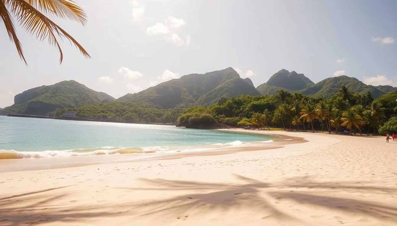 A sun-drenched tropical beach on the Caribbean island of Martinique. Soft, golden sand stretches out to meet the crystalline, turquoise waters of the Grande Anse. Swaying palm trees line the shore, casting gentle shadows on the scene. In the distance, lush, verdant hills rise up, creating a picturesque backdrop. The warm, hazy sunlight bathes the entire landscape, infusing it with a tranquil, serene atmosphere. A few beachgoers dot the sand, enjoying the idyllic setting. The overall impression is one of unspoiled natural beauty and a sense of peaceful relaxation.