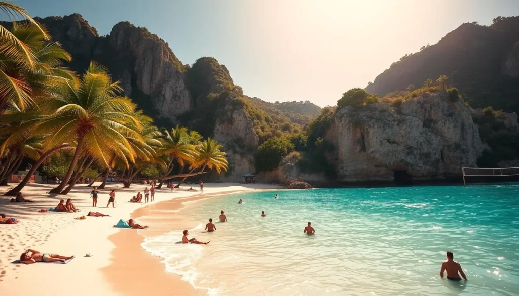 A sun-drenched tropical beach with crystal-clear turquoise waters lapping against the pristine white sand. In the foreground, a group of people engage in various beach activities - some swimming, others lounging on colorful beach towels, and a few playing a game of beach volleyball. The middle ground features a line of swaying palm trees casting gentle shadows over the scene. In the background, rugged cliffs and lush, verdant foliage create a stunning natural backdrop. The lighting is warm and golden, creating a serene and inviting atmosphere. Capture this picturesque coastal landscape with a wide-angle lens to showcase the breathtaking panoramic view.