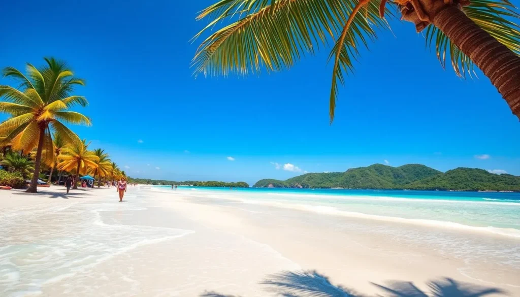 A sun-drenched tropical paradise, Boracay Island's pristine white sand beaches stretch out under a clear azure sky. In the foreground, gentle waves caress the shoreline, their turquoise hues shimmering in the warm light. Swaying palm trees line the beach, their fronds casting delicate patterns of shadow across the sand. In the middle ground, beachgoers stroll along the water's edge, enjoying the tranquil scene. In the distance, verdant hills rise up, framing the idyllic coastal landscape. The overall atmosphere evokes a sense of serene, unspoiled natural beauty, inviting the viewer to imagine themselves immersed in this tropical haven.