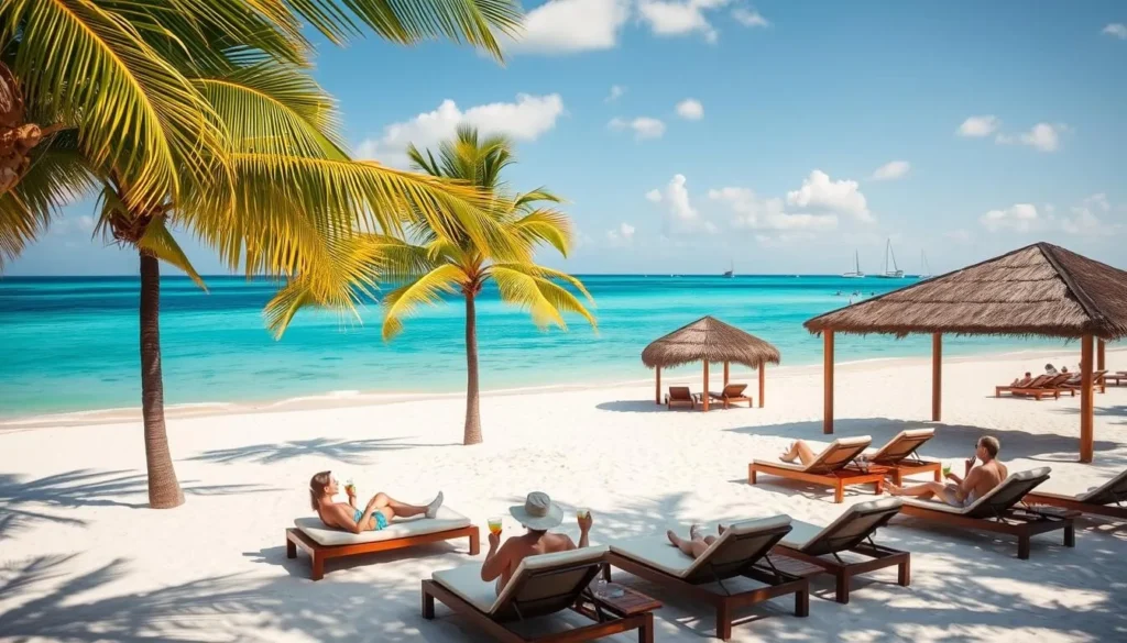 A sun-drenched tropical paradise, Lucaya Beach in Freeport, Bahamas. Pristine white sand stretches as far as the eye can see, caressed by crystal-clear turquoise waters. Lush palm trees sway gently in the warm breeze, casting soft shadows on the inviting beach. In the foreground, a few beachgoers leisurely recline on plush lounge chairs, sipping colorful cocktails and soaking up the warmth of the afternoon sun. The middle ground features a row of charming thatched-roof cabanas, their inviting shade offering respite from the heat. In the distance, the horizon is dotted with sailboats and yachts, their sails billowing in the gentle trade winds. An atmosphere of tranquility and relaxation permeates the scene, evoking the essence of a true Caribbean paradise.