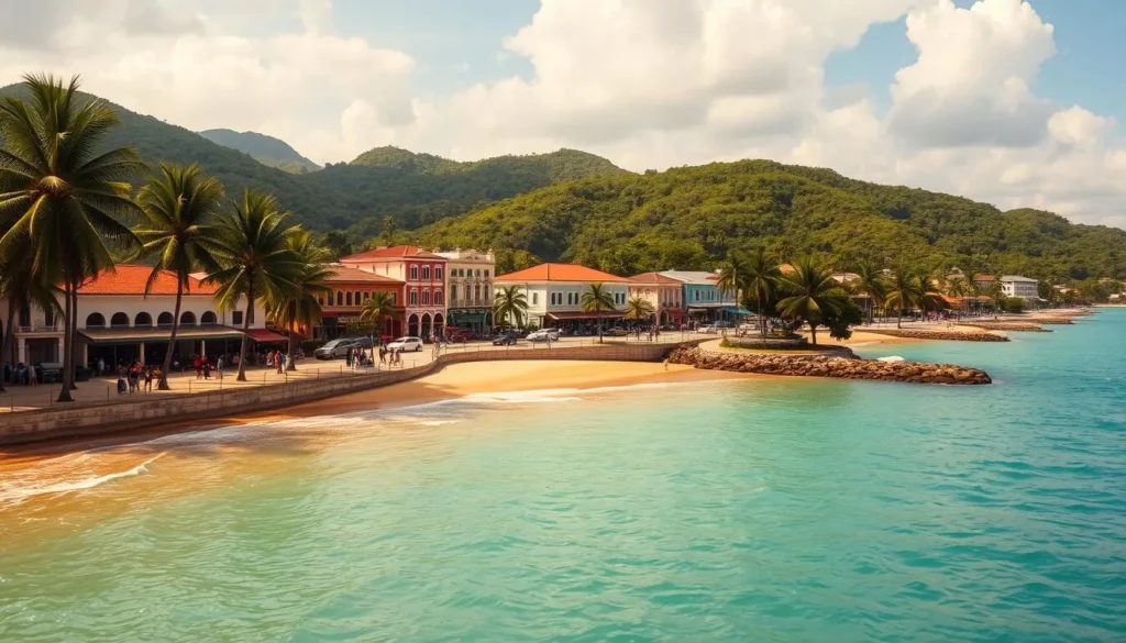 A sun-drenched vista of Ocho Rios, Jamaica's picturesque coastal town. In the foreground, crystalline turquoise waters lap against a golden sandy beach, dotted with swaying palm trees. The middle ground features a vibrant promenade lined with colorful colonial-style buildings, bustling with locals and tourists exploring charming shops and lively eateries. In the background, lush green hills rise up, creating a dramatic natural backdrop to this idyllic seaside scene. Warm, diffused lighting bathes the entire landscape, conveying a sense of tranquility and warmth. Capture the essence of Ocho Rios' captivating allure through this serene, realistic photographic depiction.