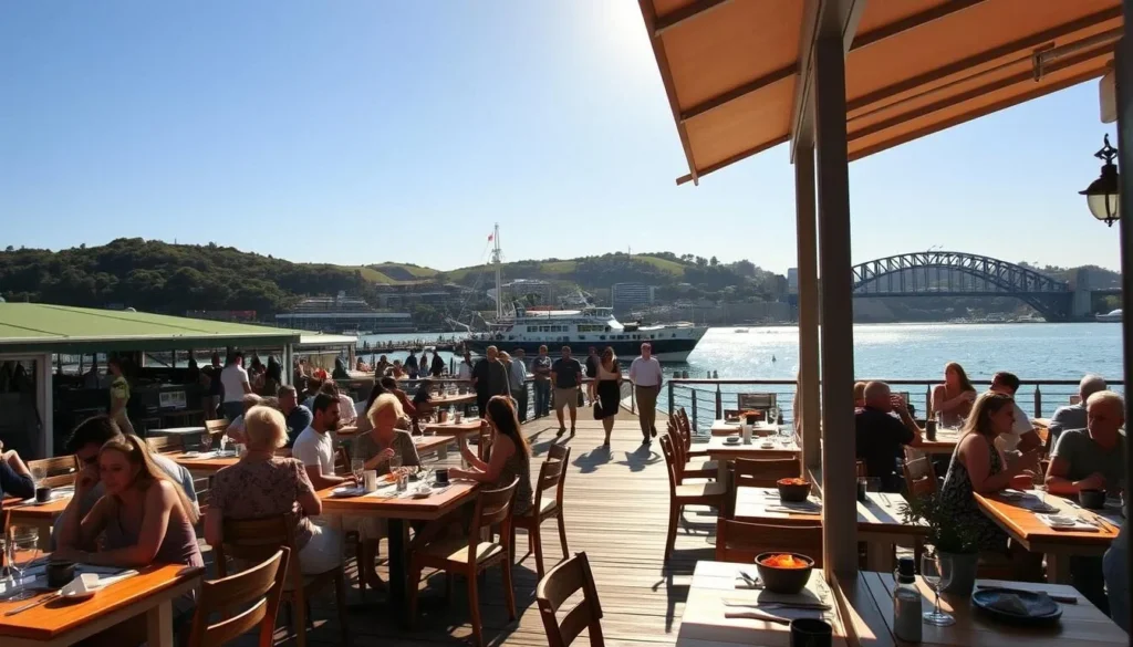 A sun-drenched waterfront dining scene in Manly, New South Wales. The foreground showcases a charming alfresco restaurant with wooden tables, white linen, and diners enjoying local cuisine. In the middle ground, people stroll along the promenade, taking in the sights of the bustling harbor. The background features the iconic Manly Wharf and the lush, rolling hills of the Northern Sydney coastline. Warm, golden sunlight casts a gentle glow over the entire scene, creating a relaxed, inviting atmosphere. The composition emphasizes the vibrant, picturesque dining experience that epitomizes the food lover's haven of Manly.