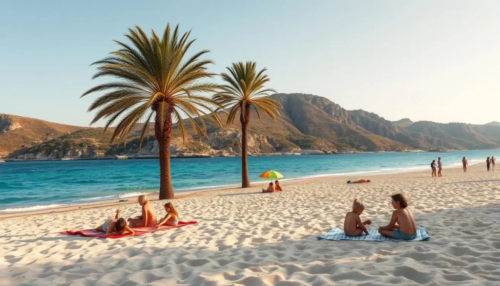 A sun-kissed beachscape in Halkidiki, Greece, where crystal-clear turquoise waters lap gently against soft, golden sand. In the foreground, families relax on colorful beach towels, children building sandcastles and splashing in the shallow surf. The middle ground features a row of swaying palm trees, providing soothing shade. In the background, rugged hills dotted with lush vegetation rise up, creating a picturesque natural setting. Warm, diffused lighting casts a serene, inviting atmosphere, perfect for a family-friendly day by the Aegean sea. A sun-kissed beachscape in Halkidiki, Greece, where crystal-clear turquoise waters lap gently against soft, golden sand. In the foreground, families relax on colorful beach towels, children building sandcastles and splashing in the shallow surf. The middle ground features a row of swaying palm trees, providing soothing shade. In the background, rugged hills dotted with lush vegetation rise up, creating a picturesque natural setting. Warm, diffused lighting casts a serene, inviting atmosphere, perfect for a family-friendly day by the Aegean sea.