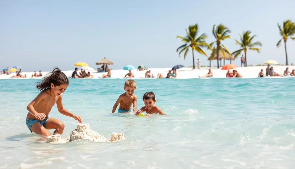 A sunny afternoon at Clearwater Beach, Florida. In the foreground, a family of four plays together in the shallow, turquoise waters, building sandcastles and splashing joyfully. In the middle ground, beachgoers relax on colorful towels, soaking up the warm rays. The background showcases the iconic white sand and swaying palm trees, creating a tranquil, tropical atmosphere. Soft, natural lighting illuminates the scene, capturing the carefree spirit of a family-friendly day at the beach.