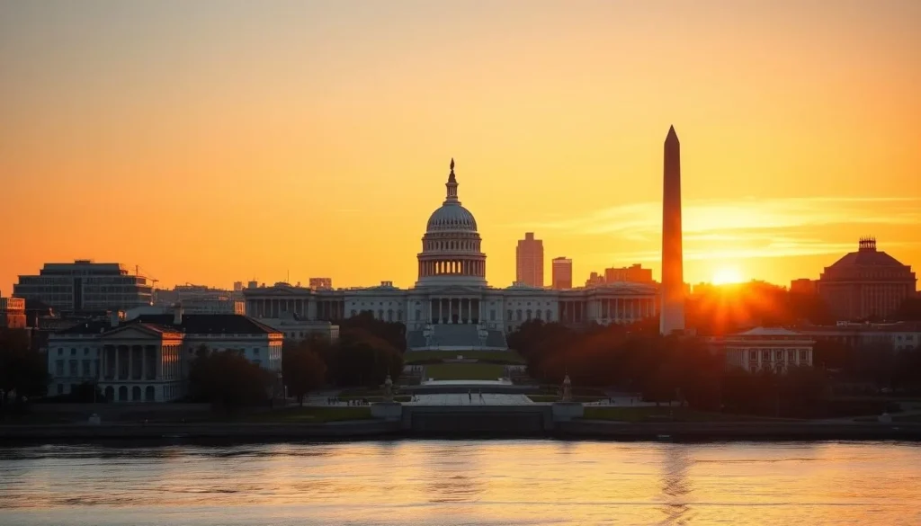 A sunset view of the Washington DC skyline with the Capitol building and monuments, near the city's acclaimed Thai restaurant scene