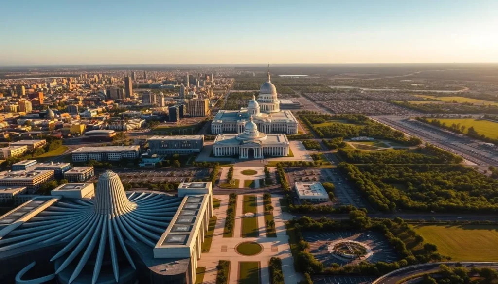 A sweeping aerial view of Brasília, Brazil's modernist capital, bathed in warm afternoon sunlight. In the foreground, the iconic Eixo Monumental and its symmetrical, geometric architecture stand tall, casting long shadows across the meticulously planned city below. In the middle ground, the distinctive domed silhouette of the Catedral Metropolitana and the sleek, curving forms of the Palácio do Planalto and Congresso Nacional come into focus. In the distance, the city's distinctive grid-like layout stretches out, punctuated by the lush, verdant greenery of Parque da Cidade. The scene exudes a sense of ordered tranquility, reflecting Brasília's status as a unique and visionary embodiment of Brazil's modernist ambitions.