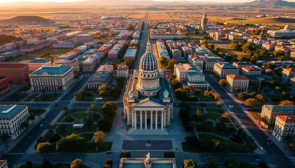 A sweeping aerial view of La Plata, the meticulously planned capital city of Buenos Aires Province, Argentina. The city's grid-like layout is showcased in stunning detail, with wide avenues and tree-lined boulevards radiating outward from the central square. The warm, golden sunlight casts long shadows on the neoclassical architecture, highlighting the city's harmonious blend of symmetry and grandeur. In the foreground, the iconic Cathedral of La Plata stands tall, its domed roof and ornate facade a testament to the city's rich history. The middle ground features the geometric patterns of the city's parks and plazas, with pedestrians and vehicles moving through the well-ordered urban landscape. The background reveals the rolling hills and lush greenery that surround La Plata, creating a picturesque contrast with the built environment.