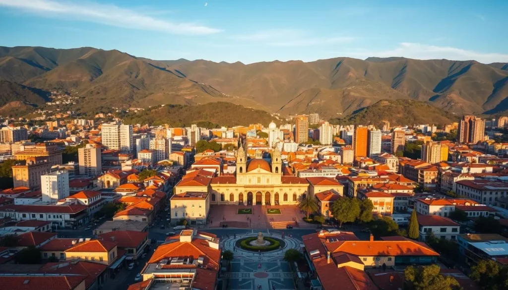 A sweeping aerial view of Medellin, the vibrant "City of Eternal Spring" nestled in the verdant Andes mountains. The cityscape is bathed in warm, golden sunlight, casting long shadows across the terracotta rooftops and modern high-rises. In the foreground, bustling streets are dotted with local vendors and lively pedestrians, while in the middle ground, the iconic Plaza Botero showcases its grand colonial architecture. The background is dominated by the majestic, rolling hills that surround the city, their lush, green slopes providing a stunning natural backdrop. The overall scene conveys a sense of energy, prosperity, and the perfect blend of urban and natural beauty that defines this enchanting Colombian metropolis.