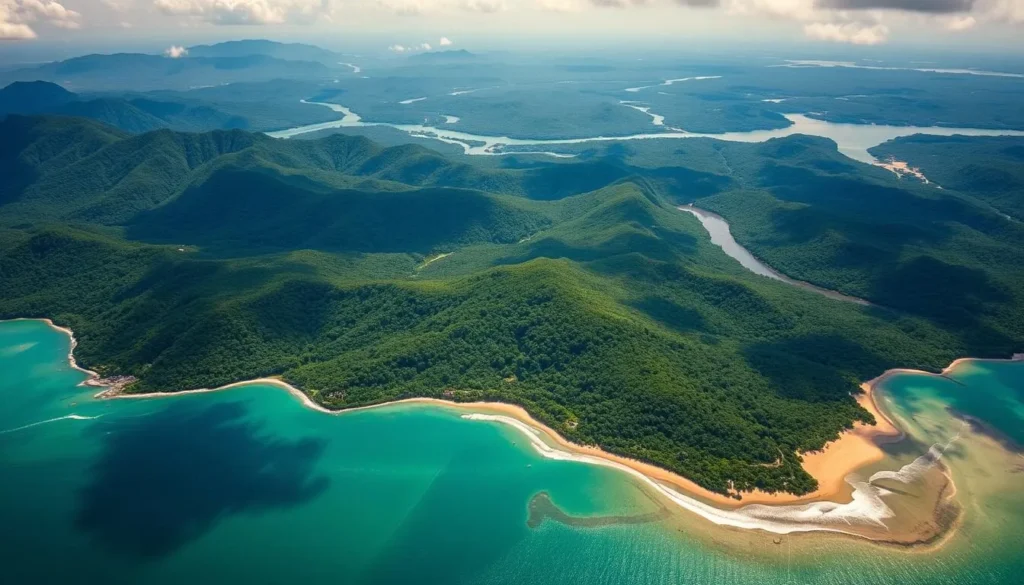 A sweeping aerial view of Negros Island, Philippines, captured in stunning detail. The lush, verdant landscape unfolds, from the rugged, undulating mountains in the distance to the winding rivers and fertile valleys below. Crystalline beaches line the island's perimeter, their golden sands juxtaposed against the turquoise waters of the Visayan Sea. Verdant forests and rolling hills dominate the interior, punctuated by the silhouettes of dormant volcanoes. Warm, directional sunlight bathes the scene, casting dramatic shadows and highlighting the island's varied topography. The overall impression is one of natural beauty, tranquility, and the unspoiled charm of this Philippine gem.