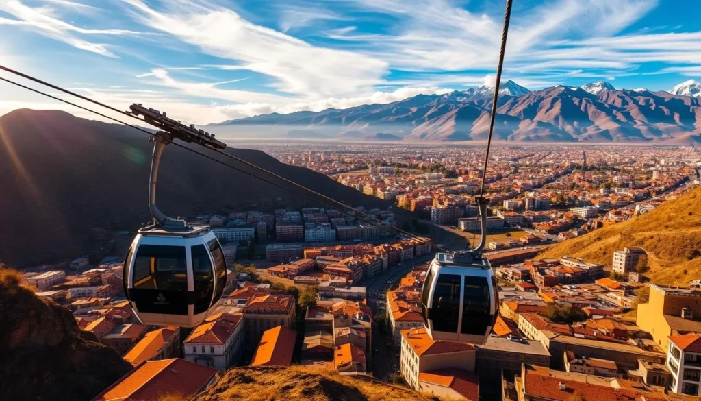 A sweeping aerial view of the iconic La Paz cable car system, known as the Mi Teleférico, gliding effortlessly through the vibrant cityscape. The gondolas soar above the steep, winding streets, offering passengers a breathtaking perspective of the bustling city nestled between towering Andean peaks. Warm, golden sunlight filters through wispy clouds, casting a serene glow over the scene. In the foreground, the sleek, modern cable cars move gracefully, their vibrant colors contrasting with the terracotta rooftops and earth-toned buildings below. The middle ground reveals the intricate web of cable lines crisscrossing the urban landscape, while the distant background showcases the majestic Cordillera Real mountain range, capped with snow-dusted peaks.