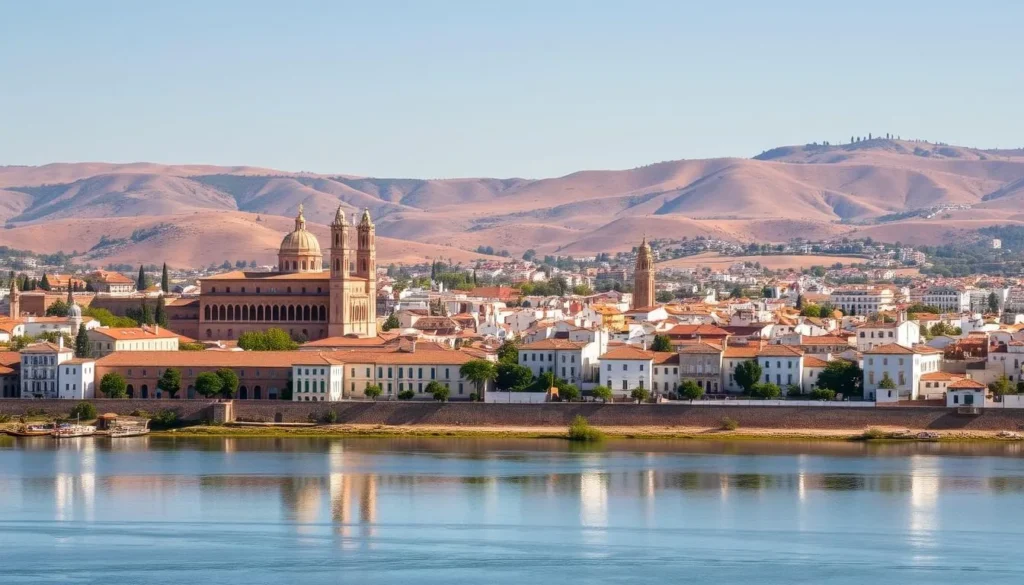 A sweeping cityscape of Córdoba, Spain, nestled along the banks of the Guadalquivir River. In the foreground, the iconic Mezquita-Catedral de Córdoba, a stunning fusion of Moorish and Christian architecture, rises majestically. Its intricate arches and vibrant red-and-white striped columns reflect in the calm waters below. The middle ground is dotted with whitewashed historic buildings, their terracotta roofs glowing under the warm Mediterranean sun. In the distance, the rolling hills of the Andalusian countryside provide a picturesque backdrop, their olive groves and vineyards casting soft shadows across the scene. The overall mood is one of tranquility and timeless beauty, inviting the viewer to discover the magic of Córdoba.