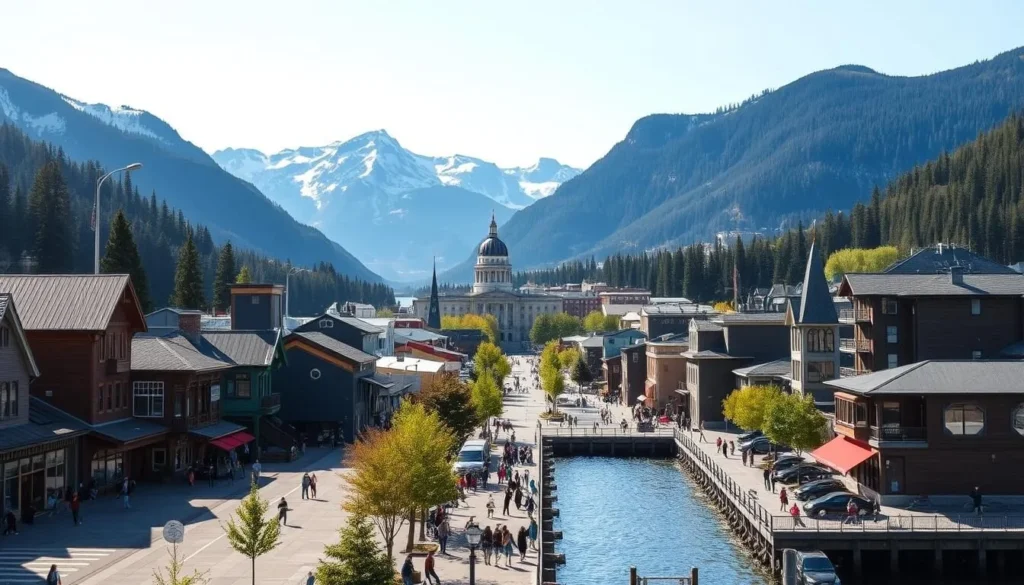 A sweeping cityscape of Juneau, the scenic capital of Alaska, nestled between towering mountains and the sparkling waters of the Gastineau Channel. In the foreground, quaint wooden buildings and bustling streets, with locals and visitors strolling along the waterfront promenade. In the middle ground, the iconic Capitol Building and other government structures stand tall, reflecting the city's role as the seat of power. In the background, the rugged Alaskan wilderness rises up, with snow-capped peaks and dense evergreen forests. Crisp, clean sunlight bathes the scene, casting warm shadows and highlighting the vibrant colors of the buildings and natural surroundings. An urban oasis that seamlessly blends modern life with the untamed beauty of the Last Frontier.