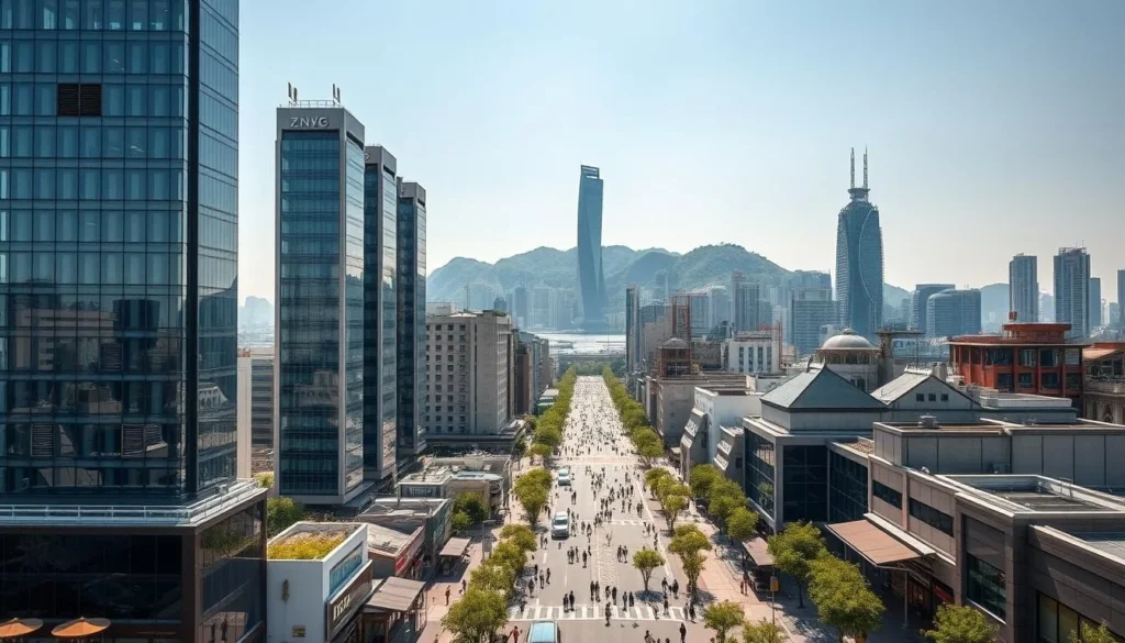 A sweeping cityscape of Shenzhen, China's vibrant innovation hub, on a bright, sunny day. In the foreground, modern high-rise towers with sleek glass facades glimmer in the warm light. The middle ground features bustling streets lined with trendy shops, cafes, and pedestrians going about their day. In the background, the distinctive silhouette of Dapeng Peninsula rises, with its lush, rolling hills providing a natural contrast to the urban landscape. The scene conveys a sense of energy, progress, and cosmopolitan sophistication, reflecting Shenzhen's status as a leading global technology and business center.