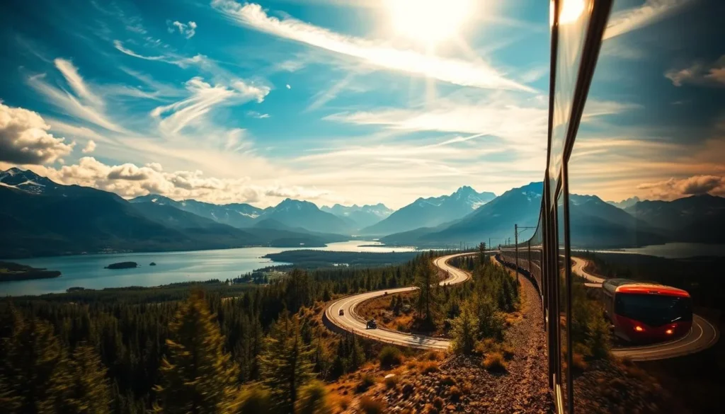 A sweeping landscape of majestic mountains, pristine lakes, and lush forests, as viewed from the window of a historic train or a winding road. Sunlight filters through wispy clouds, casting a warm, golden glow over the scene. In the foreground, a sleek, modern train glides effortlessly along the tracks, its polished exterior reflecting the stunning scenery. In the middle ground, a twisting, two-lane highway snakes through the rugged terrain, with cars and motorcycles navigating the curves. In the distance, snow-capped peaks rise majestically, their jagged silhouettes framed by a brilliant azure sky. The overall atmosphere is one of serene tranquility, inviting the viewer to embark on an unforgettable journey through the breathtaking landscapes of Sweden.