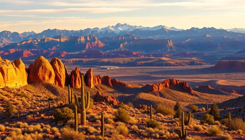 A sweeping panorama of Arizona's diverse landscapes, bathed in warm, golden light. In the foreground, towering red rock formations and cacti dot a rugged desert terrain. The middle ground reveals undulating hills, dotted with pinyon pines and junipers. In the distance, majestic mountains rise up, their peaks dusted with a light layer of snow. The scene is captured with a wide-angle lens, creating a sense of depth and grandeur. The overall mood is one of serene tranquility, inviting the viewer to immerse themselves in the natural beauty of this remarkable state.