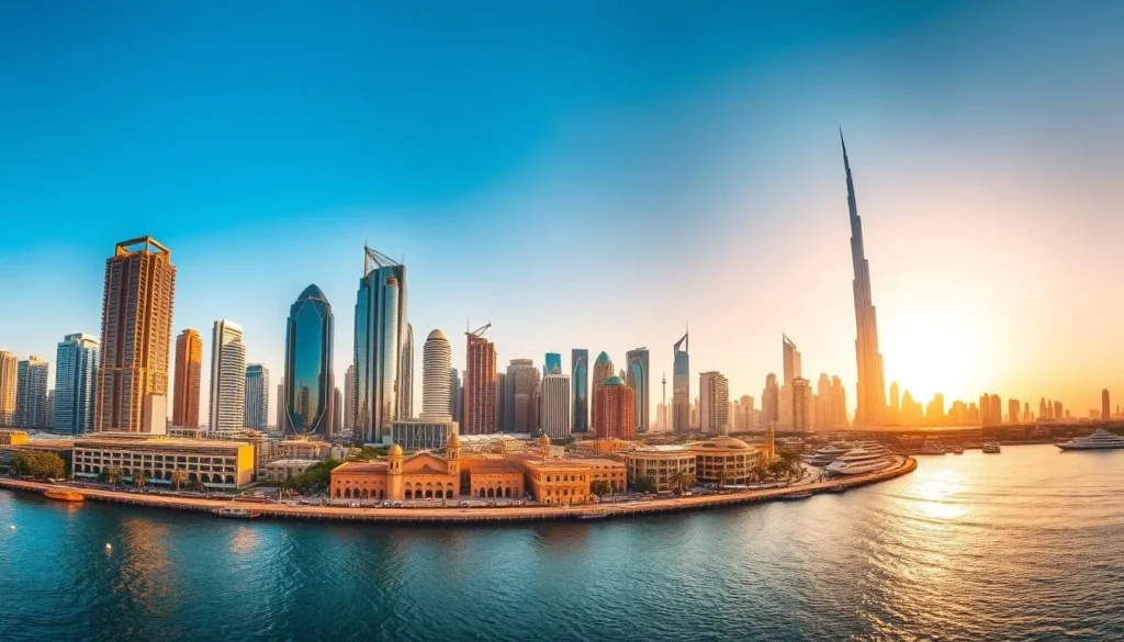 A sweeping panorama of Dubai's iconic skyline, bathed in warm, golden sunlight. In the foreground, the gleaming glass and steel towers of the financial district reach up towards the azure sky, their reflections shimmering on the still waters of the Dubai Creek. In the middle ground, the historic Al Fahidi neighborhood stands in contrast, its traditional wind towers and ochre-hued buildings a testament to the city's past. And in the distance, the mighty Burj Khalifa, the world's tallest building, dominates the horizon, its spire seemingly piercing the clouds. The scene exudes a sense of dynamism and modernity, juxtaposed with timeless Arabian charm, capturing the essence of Dubai as a city of contrasts.