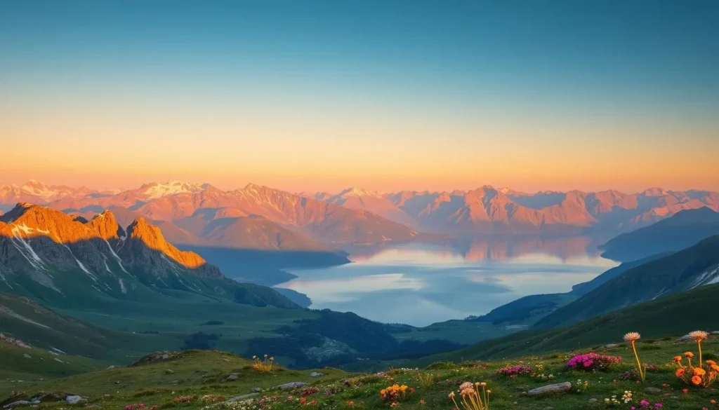 A sweeping panorama of Kazakhstan's diverse landscapes, bathed in warm golden light. In the foreground, rugged, snow-capped peaks rise majestically, their jagged edges cutting into a clear azure sky. Lush, rolling hills and verdant meadows occupy the middle ground, dotted with clusters of vibrant wildflowers. In the distance, a vast, shimmering lake reflects the surrounding mountains, its mirror-like surface interrupted by the gentle ripples of a light breeze. The scene exudes a sense of tranquility and timeless beauty, inviting the viewer to immerse themselves in the captivating natural wonders of this remarkable land.