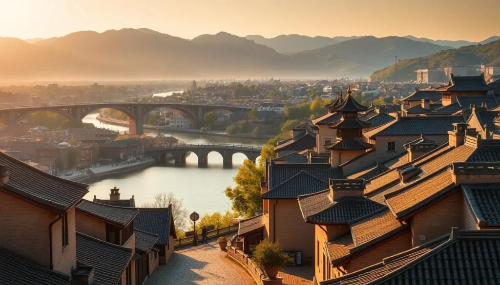 A sweeping panorama of Linhai's historical cityscape, bathed in warm afternoon sunlight. In the foreground, quaint stone buildings with tiled roofs line winding cobblestone streets, their facades adorned with intricate architectural details. In the middle ground, a picturesque river winds through the city, its tranquil waters reflecting the iconic pagodas and bridges that dot the landscape. In the background, verdant hills rise up, providing a lush, natural backdrop to this charming, well-preserved Chinese city. The scene exudes a sense of timeless elegance and tranquility, inviting the viewer to step back in time and explore Linhai's rich history and cultural heritage.
