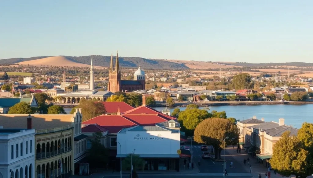 A sweeping panorama of Wagga Wagga, the largest inland city in Australia, nestled along the banks of the tranquil Murrumbidgee River. In the foreground, quaint heritage buildings and bustling pedestrian streets, their facades bathed in the warm glow of a sunny afternoon. The middle ground features the city's modern skyline, punctuated by the distinctive spires of St. Michael's Cathedral and the soaring silhouette of the Council Chambers. In the distance, the landscape rolls gently, dotted with lush eucalyptus trees and the hazy outline of the surrounding hills. The scene exudes a sense of vibrant, thriving urban life seamlessly blended with the natural beauty of the regional setting.