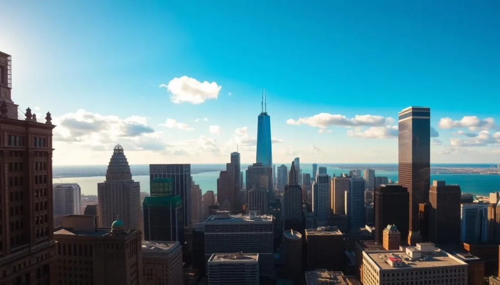 A sweeping panoramic view of Chicago's iconic skyline on a bright, sunny day. In the foreground, the distinguished architecture of the historic Chicago Theatre and the Art Deco-inspired Chicago Board of Trade Building stand tall, casting long shadows. In the middle ground, the sleek, modern forms of the Aon Center and Willis Tower (Sears Tower) rise up, their glass facades gleaming in the warm, golden light. In the background, the shores of Lake Michigan stretch out, the shimmering waters contrasting with the majestic, cloud-dotted sky. The scene captures the city's striking blend of historic and contemporary elements, showcasing Chicago's unique character and vibrancy.