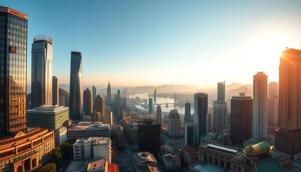 A sweeping panoramic view of Chongqing's iconic skyline, with the Yangtze River winding through the heart of the city. Towering skyscrapers and high-rise buildings, their glass and steel facades glittering in the afternoon sun, create a striking contrast against the lush, rolling hills in the background. The scene is bathed in a warm, golden light, casting long shadows across the bustling streets below. In the foreground, a mix of modern and traditional architecture blends seamlessly, showcasing Chongqing's unique urban landscape. The image captures the dynamic energy and juxtaposition of old and new that defines this vibrant municipality.